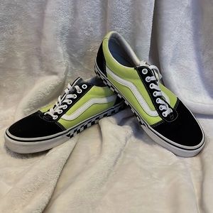 Vans sneakers, green black and white, checkerboard pattern bottoms